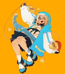 1boy blonde_hair blue_footwear blue_jacket blush borcheim bridget_(guilty_gear) guilty_gear highres jacket medium_hair one_eye_closed skirt socks star-shaped_pupils star_(symbol) symbol-shaped_pupils white_socks