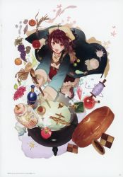 Rule 34 | 1girl, absurdres, ahoge, atelier (series), atelier sophie, blush, breasts, brown eyes, brown hair, cauldron, cookie, food, fruit, full body, grapes, hat, highres, huge filesize, jewelry, looking at viewer, necklace, noco (adamas), official art, open mouth, pie, scan, short hair, smile, solo, sophie neuenmuller, staff