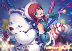 Rule 34 | 1girl, alternate costume, animal hood, annie (league of legends), bear, bear hood, between legs, blue eyes, blush, breasts, candy, candy cane, colored eyelashes, destincelly, detached sleeves, food, frostfire annie, garter straps, hand between legs, hat, highres, hood, league of legends, looking up, open mouth, outstretched hand, polar bear, red hair, scarf, sitting, small breasts, snowflakes, star (symbol), stitches, striped clothes, striped scarf, striped thighhighs, thighhighs, tibbers