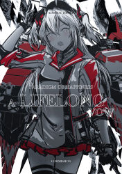 Rule 34 | 1girl, absurdres, admiral hipper (azur lane), azur lane, black gloves, character name, gloves, grey jacket, hair between eyes, headgear, highres, jacket, long hair, looking at viewer, miniskirt, open mouth, red skirt, rigging, skirt, solo, tfnfe sach, turret