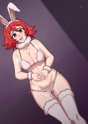 Rule 34 | 1girl, aldharoku, animal ears, bikini, black background, blush, breasts, cowboy shot, embarrassed, fake animal ears, fur collar, gluteal fold, highres, large breasts, little witch academia, matching hair/eyes, open mouth, rabbit ears, red eyes, red hair, scrunchie, shiny chariot, short hair, side-tie bikini bottom, solo, standing, swimsuit, thigh gap, thighhighs, white bikini, white thighhighs, wrist scrunchie