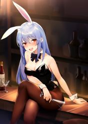Rule 34 | 1girl, :d, alternate costume, animal ear fluff, animal ears, bar (place), bare shoulders, black bow, black bowtie, black leotard, blue hair, blush, bottle, bow, bowtie, breasts, cleavage, collarbone, crossed legs, cup, detached collar, drinking glass, extra ears, from above, hair down, hand on table, highres, holding, holding cup, hololive, indoors, leotard, long hair, looking at viewer, medium breasts, mejedo707, open mouth, pantyhose, playboy bunny, rabbit ears, rabbit girl, rabbit tail, raised eyebrows, red eyes, shiny clothes, shiny skin, short eyebrows, sitting, sitting on bar, skewer, smile, solo, stool, strapless, strapless leotard, symbol-shaped pupils, tail, tareme, teeth, thick eyebrows, upper body, usada pekora, virtual youtuber, wine bottle, wine glass, wing collar, wrist cuffs