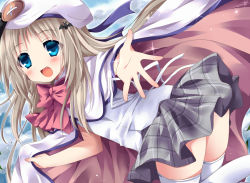 Rule 34 | 1girl, bad id, bad pixiv id, blonde hair, blue eyes, blue sky, blush, bow, cape, cloud, day, fang, gradient background, hat, key (company), kud wafter, little busters!, long hair, noumi kudryavka, open mouth, outstretched hand, school uniform, sky, smile, solo, sparkle, thighhighs, uguisu mochi (ykss35), very long hair, white thighhighs, zettai ryouiki