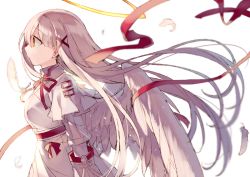 Rule 34 | 1girl, blurry, breasts, depth of field, feathered wings, feathers, from side, hair ribbon, hijiri (resetter), long hair, looking to the side, merc storia, michelia (merc storia), red ribbon, ribbon, simple background, solo, upper body, very long hair, white background, white hair, wings, yellow eyes