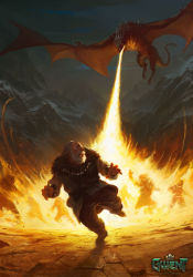 Rule 34 | 1boy, absurdres, beard, breath weapon, breathing fire, brown pants, commentary, dragon, dwarf, english commentary, facial hair, fantasy, fire, flying, grey hair, grey sky, highres, keltullis, manuel castanon, mountain, official art, old, old man, open mouth, outdoors, pants, running, sky, the witcher (series)