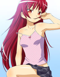 Rule 34 | 10s, 1girl, armpits, blue background, camisole, eating, food, gradient background, hair down, highres, long hair, mahou shoujo madoka magica, mahou shoujo madoka magica (anime), messy hair, pocky, red hair, sakura kyoko, sat-c, skirt, solo, strap slip, unmoving pattern, very long hair, white background