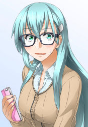 Rule 34 | 1girl, absurdres, akito (sub707), bespectacled, black-framed eyewear, blue background, blush, breasts, brown sweater, cellphone, commentary request, glasses, green eyes, green hair, hair between eyes, highres, holding, holding phone, kantai collection, large breasts, long hair, looking at viewer, phone, shirt, smartphone, solo, suzuya (kancolle), sweatdrop, sweater, upper body, very long hair, white shirt