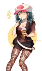 Rule 34 | 1girl, baseball cap, black shorts, blue hair, brown pantyhose, byleth (female) (fire emblem), byleth (fire emblem), closed eyes, closed mouth, commission, cosplay, creatures (company), eating, fire emblem, fire emblem: three houses, food, food on face, game freak, hair between eyes, hat, hilda (pokemon), hilda (pokemon) (cosplay), holding, holding spoon, ice cream, jewelry, necklace, nintendo, pantyhose, pantyhose under shorts, patterned legwear, poke ball, pokemon, pokemon bw, print pantyhose, short shorts, short sleeves, shorts, simple background, snowsakurachan, solo, spoon, twitter username