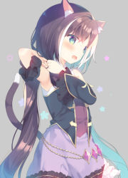 Rule 34 | 1girl, animal ear fluff, animal ears, bare shoulders, black scrunchie, black sleeves, blush, brown hair, cat ears, cat girl, cat tail, commentary request, detached sleeves, floral background, frilled skirt, frills, green eyes, grey background, hair between eyes, hands up, karyl (princess connect!), long hair, low twintails, multicolored hair, open mouth, princess connect!, purple skirt, scrunchie, shirt, single detached sleeve, skirt, sleeveless, sleeveless shirt, solo, streaked hair, tail, twintails, tying hair, very long hair, white hair, white shirt, yuizaki kazuya