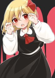 Rule 34 | 1girl, ascot, beads, black skirt, black vest, blonde hair, blush, claw pose, cowboy shot, dark background, gao, highres, ichigo mogu 15, long sleeves, looking at viewer, medium hair, open mouth, outline, puffy sleeves, red ascot, red eyes, rumia, sharp teeth, simple background, skirt, solo, teeth, touhou, vest, white outline