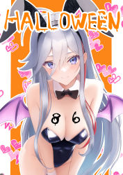 Rule 34 | 1girl, 86 -eightysix-, absurdres, ahoge, alternate costume, animal ears, antenna hair, bare shoulders, bat wings, black bow, black bowtie, black hairband, black leotard, blue eyes, body writing, bow, bowtie, breasts, cleavage, closed mouth, commentary request, covered navel, detached collar, english text, fake animal ears, grey hair, groin, hair between eyes, hairband, halloween, halloween costume, heart, heart background, highleg, highleg leotard, highres, leone (kamina0205), leotard, long hair, looking at viewer, medium breasts, multicolored hair, paid reward available, pillarboxed, playboy bunny, purple wings, rabbit ears, smile, solo, streaked hair, very long hair, vladilena millize, wings, wrist cuffs