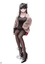 1girl absurdres bag bare_shoulders black_footwear black_hair black_pantyhose blush breasts cleavage fur_jacket grin handbag high_heels highres jacket long_hair looking_at_viewer off_shoulder original pantyhose red_eyes simple_background smile solo stool white_background zekong_pioneer