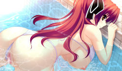 Rule 34 | 1girl, against wall, ass, atelier kaguya, back, bikini, bikini bottom aside, bikini top lift, breasts, breasts out, censored, clothes lift, clothing aside, from behind, game cg, green eyes, hand on wall, hanging breasts, huge breasts, kanbena nanako, long hair, looking at viewer, mosaic censoring, nipples, partially submerged, pool, purple bikini, pussy, pussy peek, red hair, ribbon, side-tie bikini bottom, swimsuit, tile floor, tile wall, tiles, water, wet