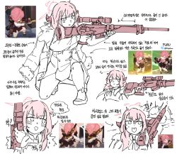 Rule 34 | 1girl, aru (blue archive), blue archive, blush, coat, coat on shoulders, flukhan, fur-trimmed coat, fur trim, game screenshot, gun, halo, highres, holding, holding gun, holding weapon, horns, jacket, korean text, long hair, multiple views, on one knee, open mouth, pink hair, reference inset, simple background, skirt, sweat, translation request, twitter username, weapon, white background