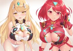 Rule 34 | absurdres, blonde hair, breasts, cleavage, highres, large breasts, multiple girls, mythra (xenoblade), pyra (xenoblade), shiratamaaji, xenoblade chronicles (series), xenoblade chronicles 2