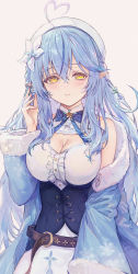 Rule 34 | 1girl, ahoge, beret, blouse, blue bow, blue bowtie, blue coat, blue hair, bow, bowtie, breasts, center frills, chinese commentary, cleavage, cleavage cutout, clothing cutout, coat, commentary request, corset, cowboy shot, crying, crying with eyes open, elf, flower, frills, hair between eyes, hair flower, hair ornament, half updo, hand up, haoni, hat, heart, heart ahoge, highres, hololive, large breasts, long hair, long sleeves, looking at viewer, multicolored hair, off shoulder, open clothes, open coat, pointy ears, shirt, simple background, sleeveless, sleeveless shirt, snowflake print, solo, standing, streaked hair, tears, very long hair, virtual youtuber, white background, white flower, white hat, white shirt, yukihana lamy