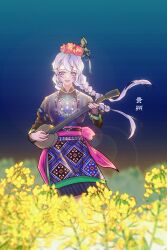 Rule 34 | 1girl, braid, changmingsuo, chinese text, dress, floating hair, flower, hair flower, hair ornament, highres, hmong, holding, holding instrument, instrument, jewelry, long hair, long sleeves, looking at viewer, miao clothes, music, original, playing instrument, purple eyes, qiushiri, rapeseed blossoms, smile, solo, standing, white hair