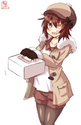 Rule 34 | 1girl, absurdres, alternate costume, artist logo, black gloves, black pantyhose, box, brown hair, brown jacket, brown shorts, casual, commentary request, dated, fur-trimmed jacket, fur trim, furutaka (kancolle), gloves, glowing, glowing eye, heterochromia, highres, jacket, kanon (kurogane knights), kantai collection, looking at viewer, pantyhose, short hair, shorts, simple background, smile, solo, standing, white background, winter clothes, yellow eyes