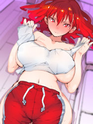 Rule 34 | 1girl, blush, breasts, cleavage, closed mouth, clothes, collarbone, covered erect nipples, covering privates, flustered, highres, large breasts, lying, mori hikiko, navel, nude, nude cover, on back, on floor, original, pants, red eyes, red hair, red pants, shirt, sweat, t-shirt, takayama toshinori, white shirt, wide hips, wooden floor