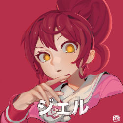 Rule 34 | 1girl, commentary request, fingernails, godsh0t, hand up, highres, japanese clothes, kimono, nail polish, parted lips, ponytail, pretty series, pripara, red background, red hair, red nails, shiratama mikan, signature, simple background, skull-shaped pupils, solo, symbol-shaped pupils, yellow eyes