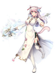 Rule 34 | 1girl, animal ears, aruma jiki, blush, boots, breasts, cat ears, cat tail, china dress, chinese clothes, cleavage, cleavage cutout, clothing cutout, dress, earrings, facial mark, final fantasy, final fantasy xiv, flower, grey eyes, hair flower, hair ornament, hairband, highres, holding, holding staff, jewelry, large breasts, long hair, looking at viewer, miqo&#039;te, open mouth, ring, side slit, silver hair, solo, staff, tail, thigh boots, thighhighs, thumb ring