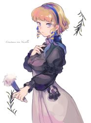 Rule 34 | 1girl, 3rdk0n, blonde hair, blue eyes, character name, constance von nuvelle, earrings, fire emblem, fire emblem: three houses, garreg mach monastery uniform, hairband, hand fan, highres, holding, holding fan, jewelry, long sleeves, multicolored hair, nintendo, purple hair, short hair, simple background, solo, uniform, white background