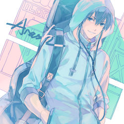 Rule 34 | 1boy, alternate costume, arash (fate), artist name, bag, blue theme, character name, commentary request, dated, fate/grand order, fate/prototype, fate/prototype: fragments of blue and silver, fate (series), hands in pocket, hands in pockets, hood, hood up, hooded jacket, jacket, looking at viewer, male focus, monochrome, school bag, shatin (pomelomcp), short hair, smile, solo, teeth, upper body