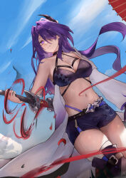Rule 34 | 1girl, absurdres, acheron (honkai: star rail), black shorts, blue sky, breasts, cleavage, commentary, crop top, day, hair ornament, highres, holding, holding sword, holding weapon, honkai: star rail, honkai (series), katana, large breasts, long hair, looking at viewer, midriff, navel, purple eyes, purple hair, scabbard, sheath, short shorts, shorts, single bare shoulder, sky, solo, stomach, sword, thighs, unsheathing, very long hair, weapon, yawww (yawwwart)