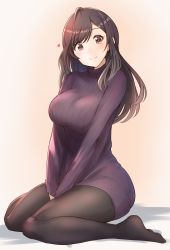 Rule 34 | 1girl, between legs, black pantyhose, blush, bra visible through clothes, bralines, breasts, breasts squeezed together, brown eyes, brown hair, closed mouth, commentary request, dress, full body, hand between legs, head, highres, idolmaster, idolmaster shiny colors, large breasts, long hair, long sleeves, looking at viewer, pantyhose, purple sweater, ribbed sweater, sitting, smile, solo, sweater, sweater dress, swept bangs, tsukioka kogane, turtleneck, turtleneck sweater, v arms, wariza, wattsu
