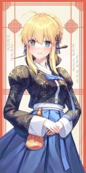 Rule 34 | 1girl, 2020, absurdres, ahoge, alternate costume, artoria pendragon (all), artoria pendragon (fate), blonde hair, blue eyes, blue ribbon, blue skirt, breasts, commentary request, fate/grand order, fate (series), flower knot, hair ornament, hair ribbon, hair stick, hanbok, highres, huge filesize, kanashi kumo, korean clothes, korean text, long skirt, long sleeves, medium breasts, nail polish, new year, own hands together, pink nails, ribbon, saber (fate), short hair with long locks, sidelocks, skirt, solo, tassel