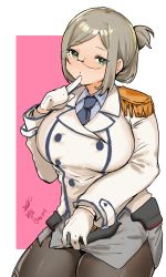 Rule 34 | 1girl, black pantyhose, breasts, brown hair, buttons, collared shirt, cowboy shot, dated, double-breasted, epaulettes, folded ponytail, glasses, gloves, green eyes, grey shirt, highres, iwatsuki aware, jacket, kantai collection, katori (kancolle), large breasts, long sleeves, looking at viewer, necktie, pantyhose, parted bangs, pencil skirt, pink background, shirt, signature, skirt, solo, twitter username, white background, white gloves