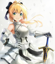 Rule 34 | 1girl, ahoge, armor, armored dress, artoria pendragon (all), artoria pendragon (fate), bad id, bad pixiv id, black bow, blonde hair, bow, breastplate, caliburn (fate), cowboy shot, detached sleeves, dress, excalibur (fate/stay night), fate/unlimited codes, fate (series), floating hair, gauntlets, green eyes, hair between eyes, hair bow, hand on hilt, highres, long hair, looking at viewer, saber lily, shi-ro, sleeveless, sleeveless dress, solo, standing, white background, white dress