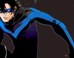 Rule 34 | 1boy, 89g, batman (series), black gloves, black hair, bodysuit, dc comics, dick grayson, domino mask, gloves, male focus, mask, nightwing, simple background, solo, thigh strap