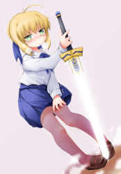 Rule 34 | 1girl, ahoge, anbee (arary), artoria pendragon (all), artoria pendragon (fate), blonde hair, blue neckwear, blue ribbon, blue skirt, blush, braid, breath, brown footwear, dutch angle, embarrassed, fate/stay night, fate (series), female focus, flat chest, french braid, full body, green eyes, grey background, hair bun, hair ribbon, half-closed eyes, hand up, highres, holding, holding sword, holding weapon, long sleeves, looking at viewer, miniskirt, nose blush, open mouth, pantyhose, peeing, peeing self, pigeon-toed, pleated skirt, puddle, ribbon, saber (fate), school uniform, see-through, serafuku, shirt, shoes, simple background, single hair bun, skirt, solo, standing, steam, sword, tears, trembling, weapon, wet, wet clothes, white shirt