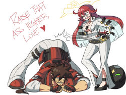 Rule 34 | 1boy, 1girl, ass, belt, black gloves, bodysuit, breasts, broken halo, brown hair, center opening, cleavage, spiked halo, couple, fingerless gloves, gloves, green eyes, guilty gear, guilty gear strive, halo, headband, high heels, highres, jack-o&#039; challenge, jack-o&#039; valentine, long hair, married, medium breasts, multicolored hair, muscular, muscular male, ponytail, red hair, sol badguy, spanked, spiked hair, stretching, tina fate, two-tone hair, white hair