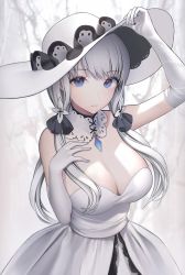 Rule 34 | 1girl, absurdres, azur lane, bad id, bad twitter id, blue eyes, blurry, blurry background, breasts, cleavage, dress, eat 8971, elbow gloves, forest, gloves, grey background, hair ribbon, hat, highres, illustrious (azur lane), lace trim, large breasts, looking at viewer, low twintails, mole, mole under eye, nature, ribbon, solo, strapless, strapless dress, sun hat, twintails, white dress, white gloves, white hair, white hat