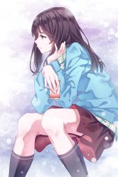 Rule 34 | 1girl, black socks, brown eyes, brown hair, can, elbow rest, from side, holding, holding can, invisible chair, long hair, original, profile, sitting, skirt, snow, socks, solo, sweater, yasuno (airy light)