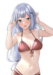 Rule 34 | 1girl, b1ack illust, bikini, blue eyes, blue hair, blush, bow, breasts, cleavage, collarbone, dot nose, front-tie bikini top, front-tie top, hair bow, hair ornament, hairpin, hands up, highres, idolmaster, idolmaster million live!, idolmaster million live! theater days, long hair, looking at viewer, medium breasts, navel, open mouth, red bikini, shiraishi tsumugi, shy, simple background, solo, swimsuit, upper body, very long hair, white background, wince