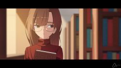Rule 34 | 1girl, absurdres, blurry, blurry background, book, hugging book, bookshelf, brown eyes, closed mouth, commentary request, expressionless, glasses, highres, holding, holding book, letterboxed, library, long hair, hugging object, original, otonashikei, red sweater, sideways glance, signature, solo, sweater, turtleneck, turtleneck sweater, upper body