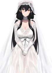 Rule 34 | 1girl, absurdres, azuma (azur lane), azuma (lily-white longing) (azur lane), azur lane, black hair, bow, breasts, bridal veil, bride, brown eyes, cleavage, collarbone, dress, flower, gloves, hair between eyes, hair flower, hair ornament, hair ribbon, highres, large breasts, long hair, looking at viewer, official alternate costume, own hands clasped, own hands together, qing-yu, ribbon, see-through, see-through dress, solo, tress ribbon, veil, very long hair, wedding dress, white background, white bow, white dress, white gloves