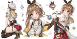 Rule 34 | 1girl, anger vein, ass, atelier (series), atelier ryza, atelier ryza 3, bare shoulders, belt, beret, black ribbon, blush, blush stickers, boots, braid, breasts, brown eyes, brown footwear, brown gloves, brown hair, brown vest, chibi, choker, cleavage, clover hair ornament, collarbone, collared shirt, crown braid, earrings, gloves, hair ornament, hat, high heel boots, high heels, highres, jewelry, key, large breasts, looking at viewer, multiple views, necklace, one eye closed, open clothes, open mouth, open vest, outstretched arm, pendant, pout, red shorts, reisalin stout, ribbon, ryuuneart, shirt, short hair, short shorts, short sleeves, shorts, single glove, smile, star (symbol), star earrings, test tube, thigh boots, thigh strap, thighs, tongue, tongue out, vest, white headwear, white shirt, yellow vest