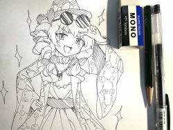Rule 34 | 1girl, bow, coat, commentary request, dress, drill hair, e.o., eyewear on head, graphite (medium), hand on own hip, hat, hat bow, highres, jacket, long sleeves, monochrome, open mouth, ribbon, round eyewear, sash, sparkle, sunglasses, top hat, touhou, traditional media, twin drills, upper body, wide sleeves, yorigami jo&#039;on