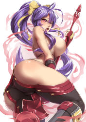 Rule 34 | 1girl, antenna hair, arc system works, ass, back, bare shoulders, blazblue, blazblue: central fiction, blazblue variable heart, blush, boots, breasts, cameltoe, fingerless gloves, from below, genderswap, genderswap (mtf), gloves, hair ribbon, halterneck, highres, hip vent, holding, holding polearm, holding spear, holding weapon, huge breasts, long hair, looking at viewer, mai natsume, open mouth, outseal, packge, pants, polearm, ponytail, purple eyes, purple hair, revealing clothes, ribbon, shiny clothes, shiny skin, sideboob, skin tight, solo, spear, tight clothes, tight pants, very long hair, weapon