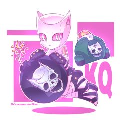 Rule 34 | artist name, bomb, colored sclera, explosive, fuse, gloves, highres, jojo no kimyou na bouken, killer queen, no humans, pink eyes, pink sclera, purple gloves, sheer heart attack, skull, stand (jojo), watermelonowl