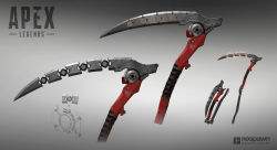 Rule 34 | absurdres, apex legends, arrow (symbol), company name, concept art, copyright name, electricity, grey background, highres, logo, multiple views, no humans, official art, prog (progwwww), science fiction, scythe, weapon, weapon focus