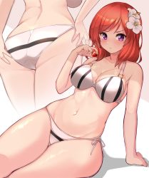 Rule 34 | 1girl, ass, bikini, breasts, cleavage, closed mouth, collarbone, commentary request, flower, hair flower, hair ornament, highres, kihou no gotoku dmc, large breasts, looking at viewer, love live!, love live! school idol project, multiple views, navel, nishikino maki, purple eyes, red hair, short hair, sitting, striped bikini, striped clothes, swimsuit, thighs, two-tone bikini