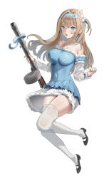 Rule 34 | 1girl, :o, bare shoulders, black footwear, blue bow, blue dress, blue eyes, blue hairband, blush, bow, breasts, brown hair, dress, full body, girls&#039; frontline, gun, hairband, high heels, highres, holding, holding gun, holding weapon, iino (isnyong), large breasts, long hair, long sleeves, looking at viewer, mary janes, off-shoulder dress, off shoulder, one side up, open mouth, shoes, short dress, simple background, solo, submachine gun, suomi (girls&#039; frontline), suomi (korvatunturi pixie) (girls&#039; frontline), thighhighs, thighs, thompson submachine gun, weapon, white background, white thighhighs, zettai ryouiki