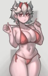 Rule 34 | 1girl, absurdres, bags under eyes, beelzebub (helltaker), bikini, breasts, cleavage, commentary, curvy, english commentary, freckles, helltaker, highres, horns, jitome, kelvin hiu, large breasts, looking at viewer, navel, red bikini, red eyes, short hair, side-tie bikini bottom, solo, standing, strap gap, swimsuit, thick thighs, thighs, underboob, untying, white horns