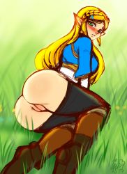 Rule 34 | 1girl, ass, blonde hair, blush, cleft of venus, clothes pull, green eyes, highres, huge ass, inuki, long hair, looking at viewer, lying, nintendo, on side, pants, pants pull, pointy ears, princess zelda, pussy, solo, the legend of zelda, the legend of zelda: breath of the wild, uncensored
