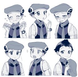 Rule 34 | 1boy, ?, blush, closed mouth, commentary request, creatures (company), crying, lucas (pokemon), eating, expression chart, closed eyes, food, food on face, game freak, greyscale, hat, unworn hat, unworn headwear, holding, holding clothes, holding hat, looking at viewer, male focus, monochrome, multiple views, nintendo, open mouth, oshi taberu, pokemon, pokemon adventures, scarf, short hair, short sleeves, sweatdrop, tears, tongue, trembling